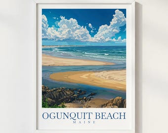 Ogunquit Beach Maine Coastal Travel Poster Illustration Style Wall Art Print Ocean Landscape Decor