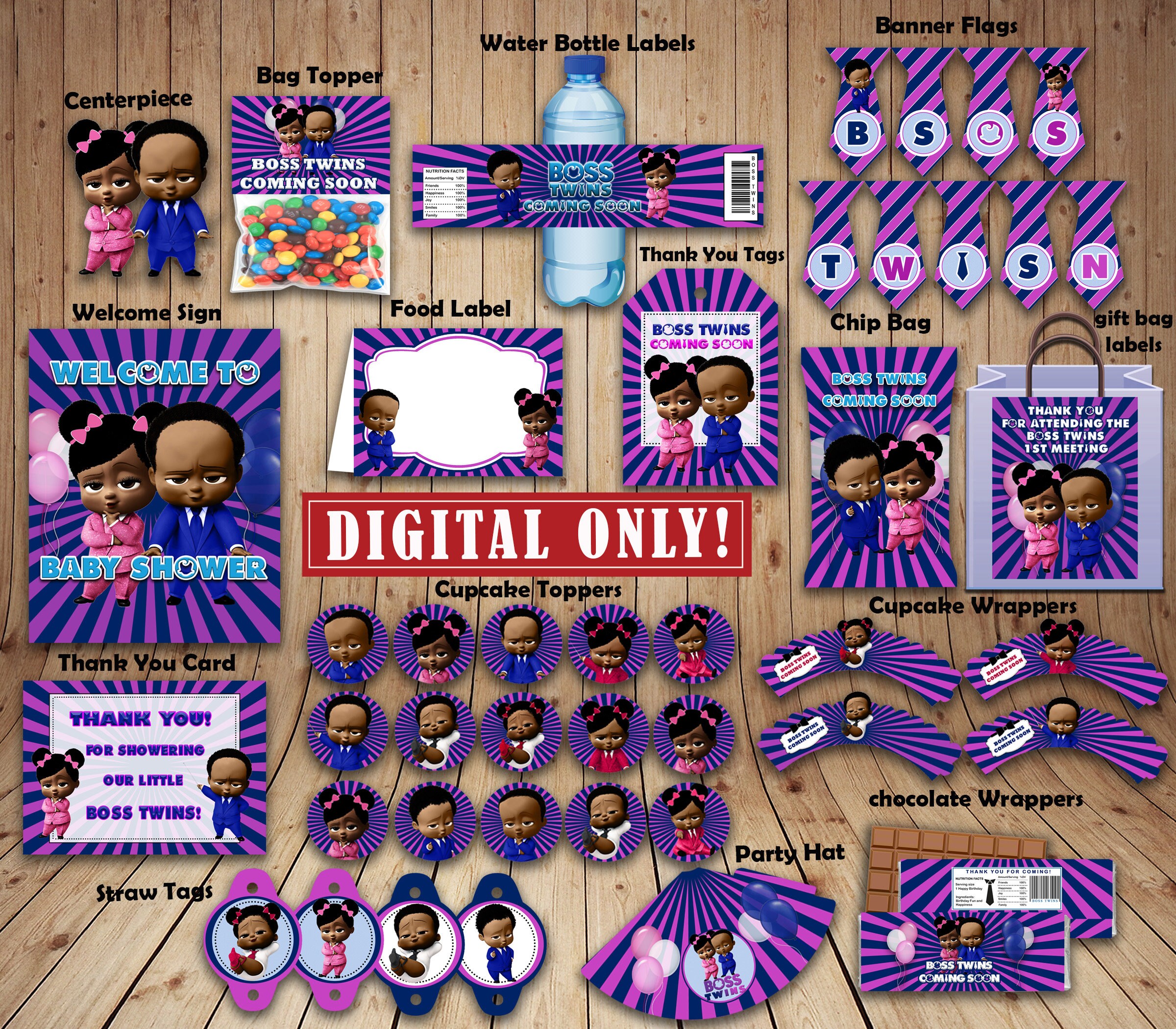 Instant Digital Twins Baby Shower African American Boss Kit Jpeg Nonpersonalized Party Package Decoration