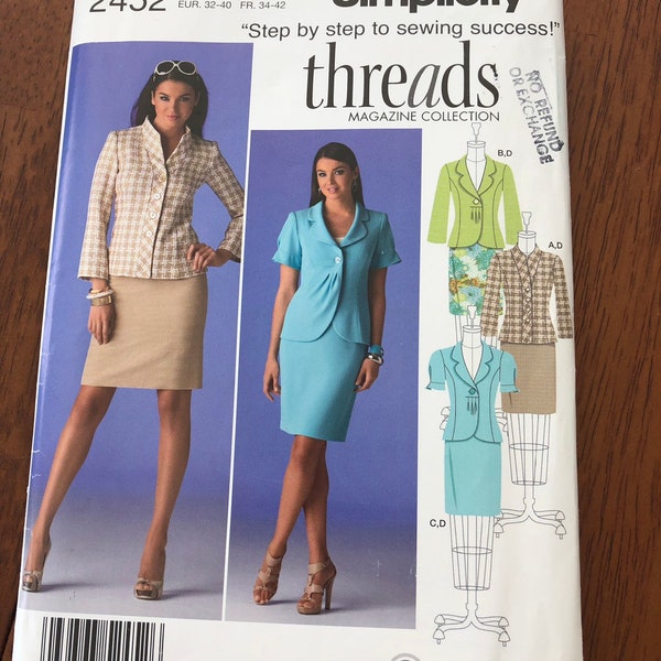 Simplicity threads Magazine Collection #2452 c.2010 UNCUT & FF Sewing Pattern Sizes 6-14 Misses' Jacket with Front Variations and Skirt