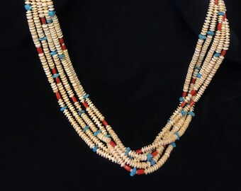 Perle multibrin crème jaune avec corail / coquille Heshi / turquoise / collier 5 brins / authentique fabrication Navajo / bijoux amérindiens