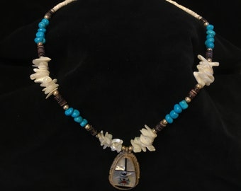 Abalone Medallion Necklace / White Shell / Turquoise Beads / Single Strand / Authentic Navajo Made/ Native American Jewelry/ Stirling Silver