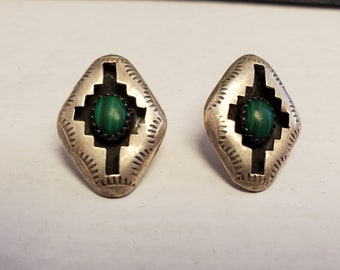 Green Malachite Earring Posts Authentic / Navajo Made Sterling Silver / Medicine Man's Eye Design / Native American Jewelry