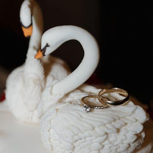 手作りフォンダンの白鳥ケーキトッパー - 彫刻された羽根を使ったウェディングデコレーション 画像 3