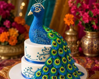 Fondant Peacock Cake Topper: Jewel-Toned Feathers, 6-7" Body