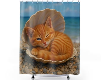 Orange Kitten Shower Curtain: Whimsical Beach Cat Bathroom Decor