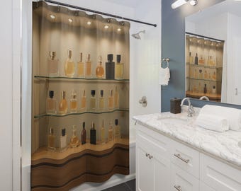 Elegant Perfume Display Shower Curtain: Luxurious Bathroom Decor