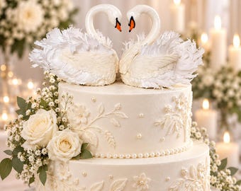 Puede incluir: Un pastel blanco de dos niveles decorado con patrones florales en relieve, detalles de perlas y un grupo de rosas blancas y paniculata. El pastel está coronado por dos figuras de cisnes blancos frente a frente con cuellos en forma de corazón.
