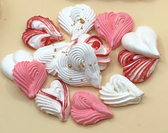 White, pink and red edible hearts  / Heart Meringue Cookies / Edible Hearts /Edible Cupcake Decorations