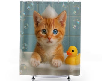 Orange Kitten Shower Curtain: Whimsical Cat & Bubbles Bathroom Decor