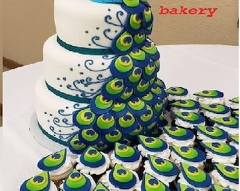 Handmade 6-7”Fondant Peacock  Topper with 30-400 Peacock Feathers: Wedding Cake Decoration