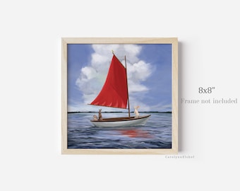 Travellers IX - 8x8" Print, Boat Painting, Ocean Adventure, Whimsical Painting, Small Art Print