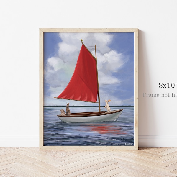 Travellers IX - 8x10" Print, Whimsical Painting, Fine Art Print, Rabbits Sailing, Scenic Wall Art