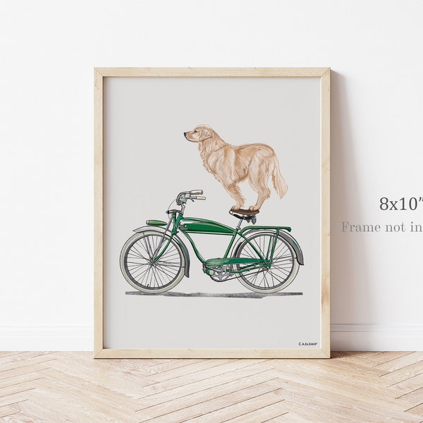 Golden Retriever - 8x10 Print, Vintage Bicycle, Gallery Wall Art, Dog Portrait, Minimalist Art