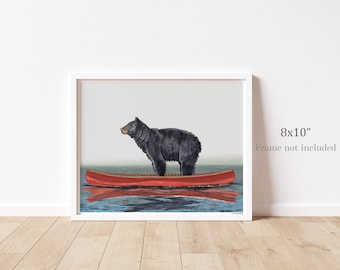 Black Bear in Canoe - 8x10 Print, Wildlife Paintings, Canoeing, Modern Art Prints, Rustic Décor