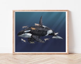 Cats Swimming with Killer Whale - 8x10 Print, Fine Art Print, Fun Art Prints