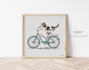 Basset Hound On Bicycle - 12x12” Print, Hunting Dog, Vintage Bicycle, Portrait Of Dog, Fine Art Print
