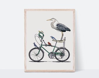 Birds on Bike - 11x14"Fine Art Print, Blue Heron And Songbirds On Vintage Bicycle