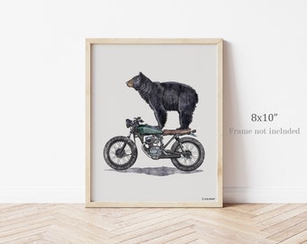 Black Bear on Motorcycle - 8x10 Print, Fine Art Print, North American Animals, Motorcycle Paintings, Rustic Wall Art