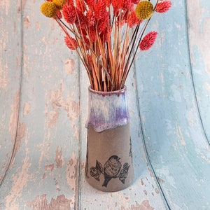 Purple Bird Floral Ceramic Vase, Handmade Modern Pottery