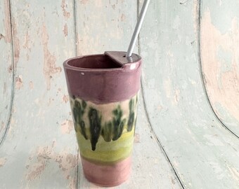 Purple and Green Straw-holder Tumbler, Large Ceramic Cup