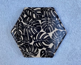 Handmade Ceramic Coaster, Black Monstera Leaf