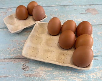 White Ceramic Egg Tray, Holds 6 or 12 Eggs