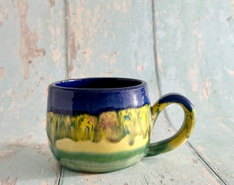 Blue and Yellow Ceramic Mug, Large Pottery Cup