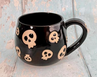 Black Skull Mug, Handmade Ceramic Cup, Spooky Halloween Mug