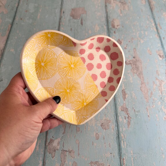 Pink Yellow Lemon Heart Dish, Handmade Ceramic Plate