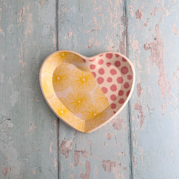 Pink Yellow Lemon Heart Dish, Handmade Ceramic Plate