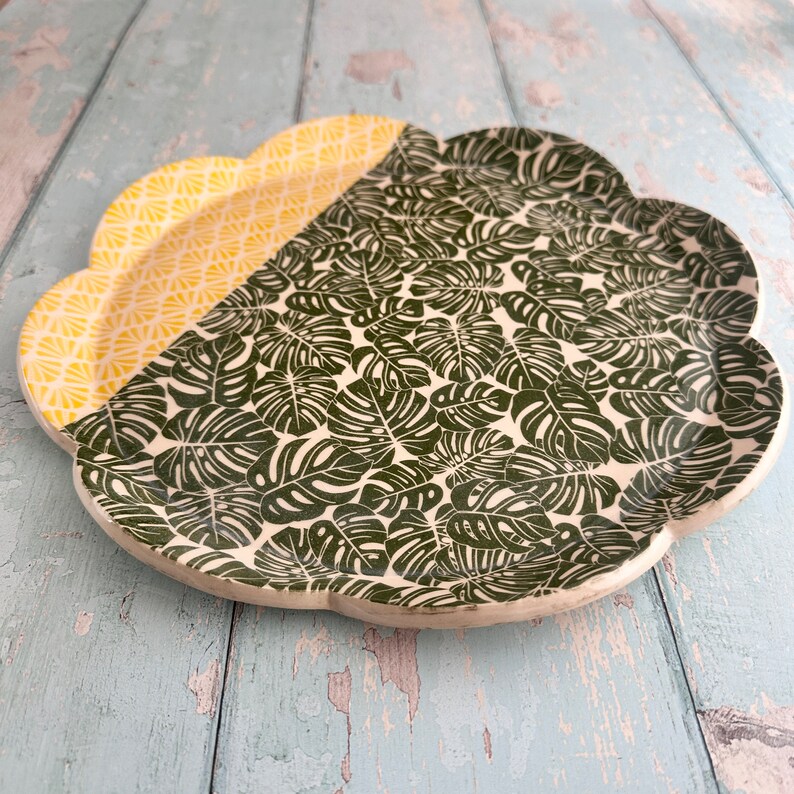 Green Monstera and Yellow Platter, Handmade Ceramic Cake Plate image 2