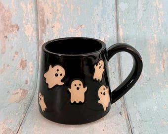 Black Ghost Mug, Handmade Ceramic Cup, Spooky Halloween Mug