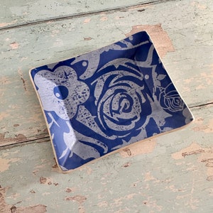Small Floral Blue Ring Dish, Handmade Ceramic Pot