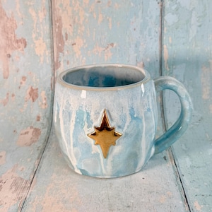 Blue and Gold Northern Star Mug, Handmade Ceramic Mug