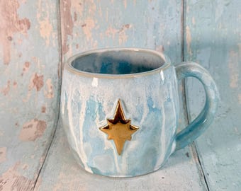 Blue and Gold Northern Star Mug, Handmade Ceramic Mug