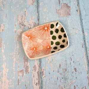 Orange and Green Jewellery Dish, Handmade Hexagon Ceramic Pot