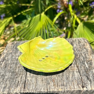 May include: A green ceramic soap dish with a wavy edge and three drainage holes. The dish is sitting on a wooden surface.