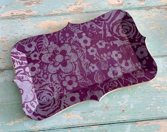 Purple Floral Platter, Shabby Chic Plate Tray