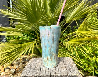 Tall Ceramic Cold Drink Straw Holding Tumbler, Handmade Modern Blue and Pink Cup