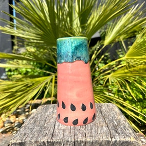 Ceramic Watermelon Vase, Handmade Modern Pottery, Pink and Green image 1