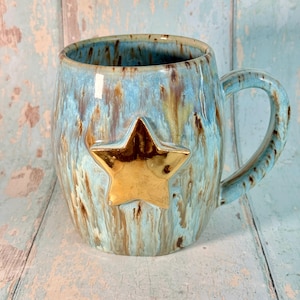 Blue Gold Star Mug, Handmade Ceramic Mug