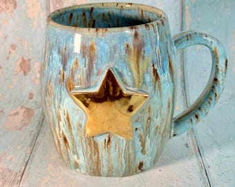 Blue Gold Star Mug, Handmade Ceramic Mug