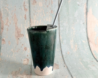 Vaso portapajita verde y blanco, taza grande de cerámica