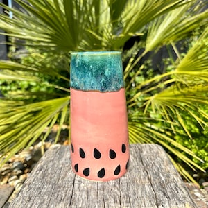 Ceramic Watermelon Vase, Handmade Modern Pottery, Pink and Green image 4