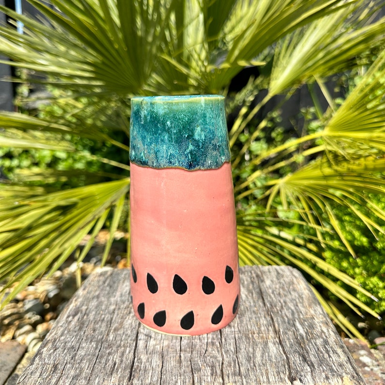 Ceramic Watermelon Vase, Handmade Modern Pottery, Pink and Green image 4