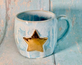 Blue Gold Star Mug, Handmade Ceramic Mug