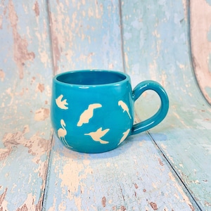 Turquoise Blue Bird Mug, Handmade Ceramic Cup