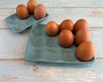 Blue Ceramic Egg Tray, Holds 6 or 12 Eggs