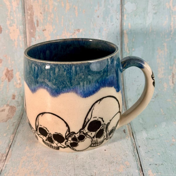 Dark Blue Skull Mug, Large Ceramic Cup