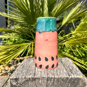 Ceramic Watermelon Vase, Handmade Modern Pottery, Pink and Green image 2